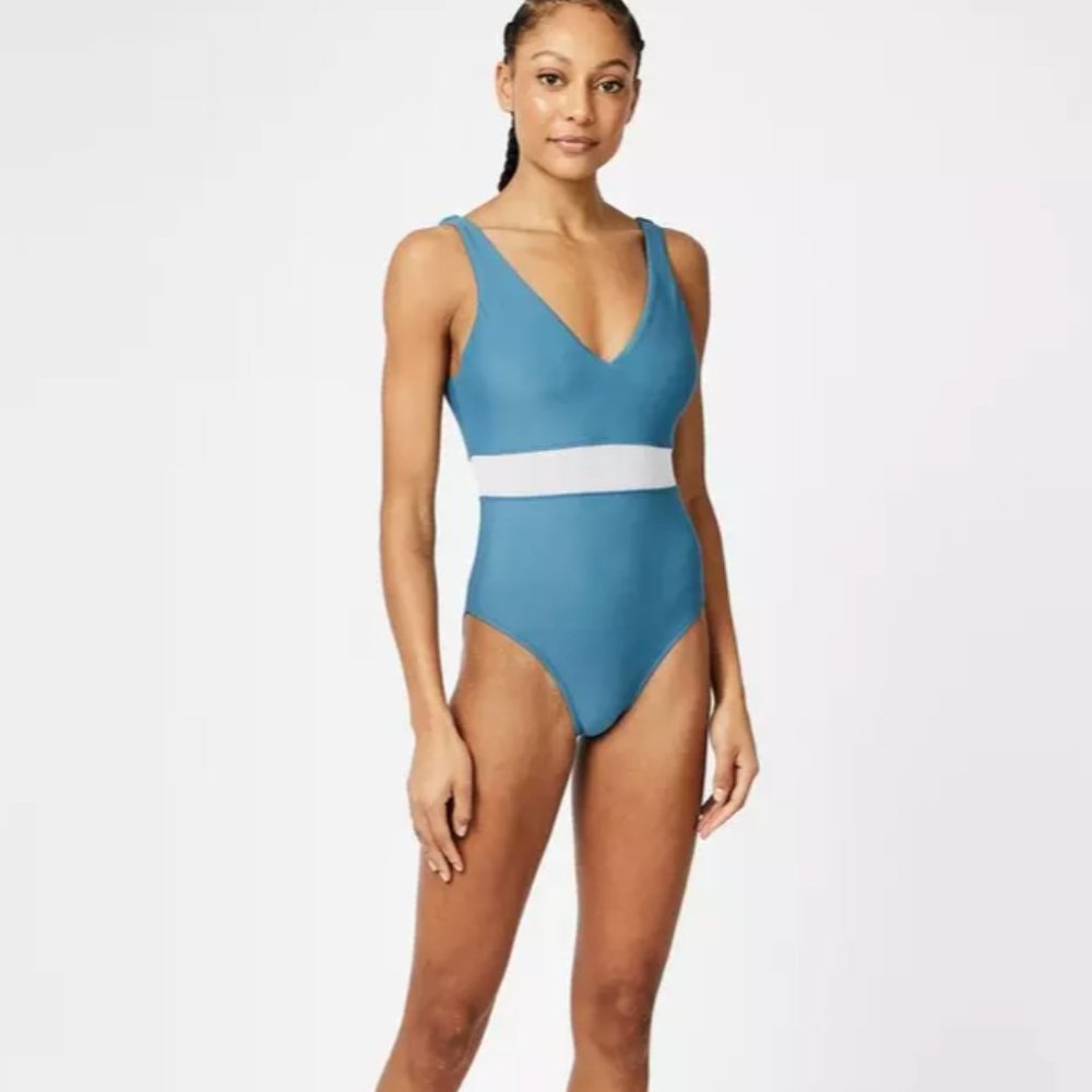 Sweaty Betty Women's Poolside Swimsuit Stellar Blue V Neck One Piece XS